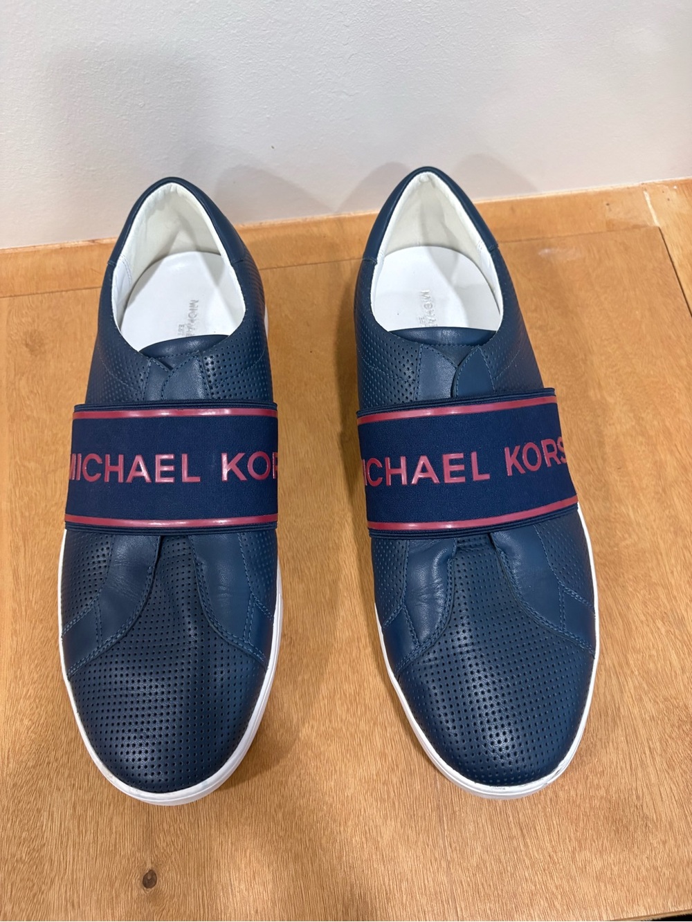Michael Kors Navy Slip-On Loafers with Red Logo Strap